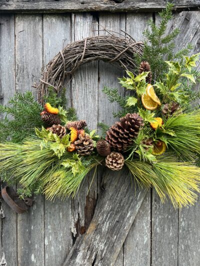 Golden pine Hemlock and strawflower Holiday Wreath