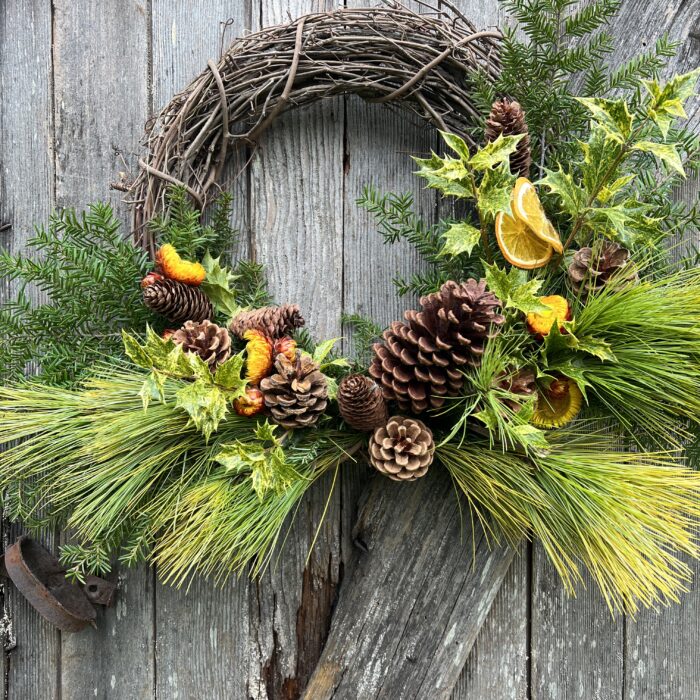 Golden pine Hemlock and strawflower Holiday Wreath