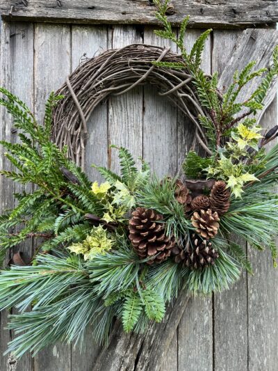 Holiday wreath with sequoia pine and holly
