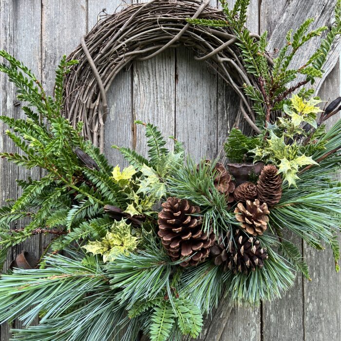 Holiday wreath with sequoia pine and holly