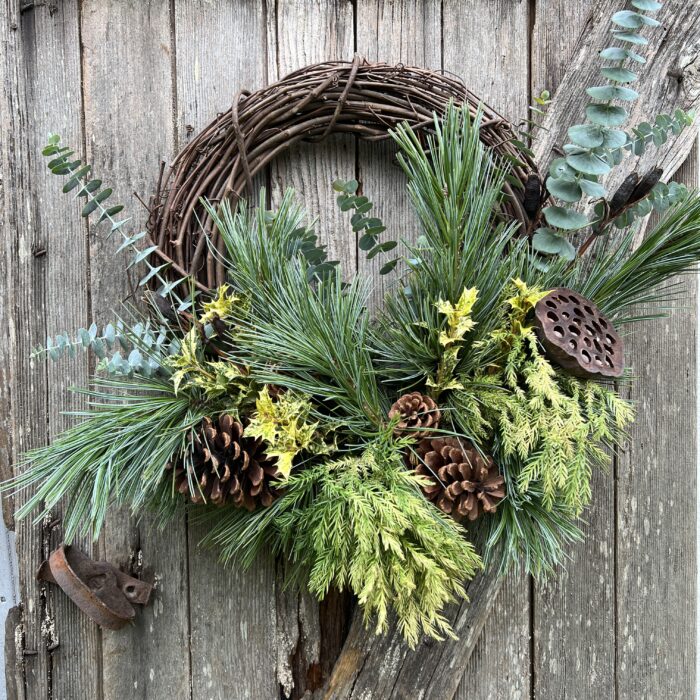 Blue Pine and eucalyptus holiday wreath