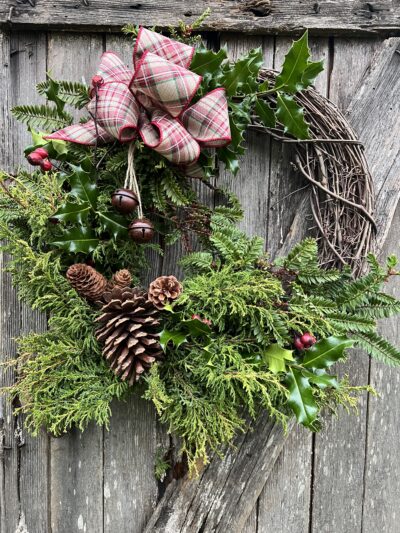 Sequoia cypress and holly holiday wreath
