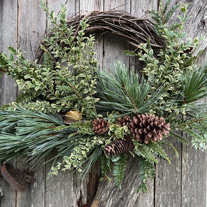 blue pine and boxwood holiday wreath