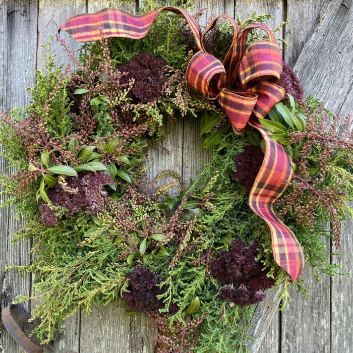 holiday wreath with Pieris and plum sedum