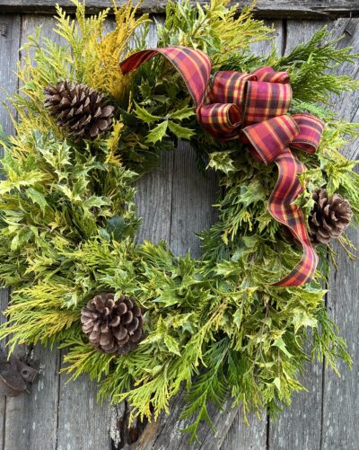 holiday wreath golden cypress and holly