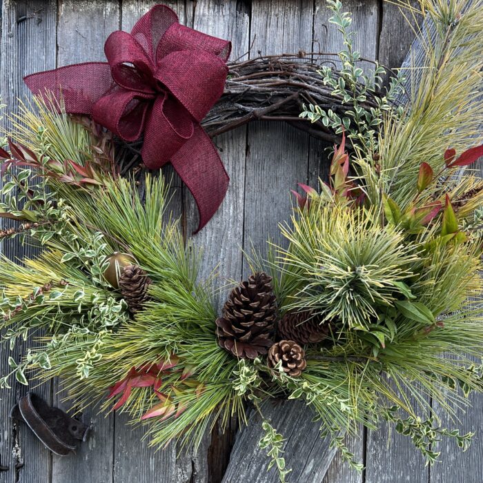 golden pine and boxwood holiday wreath