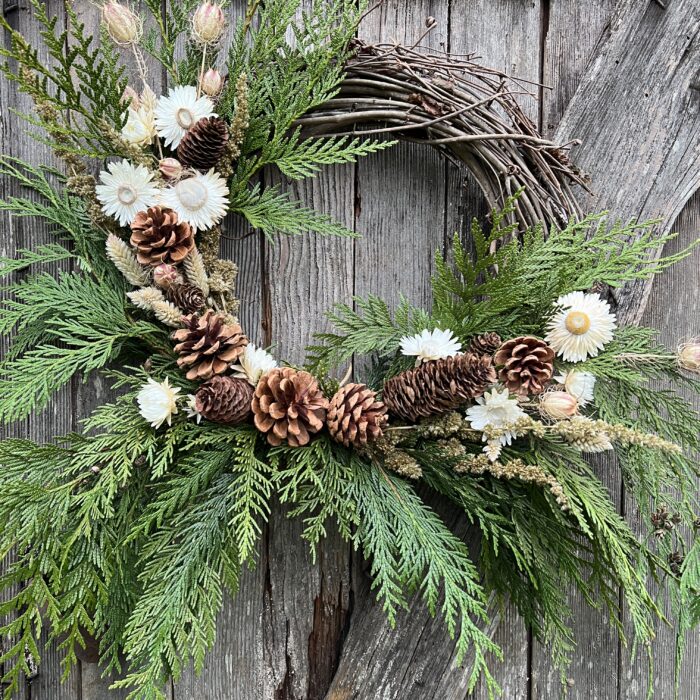 Holiday wreath Cedar strawflower and nigella