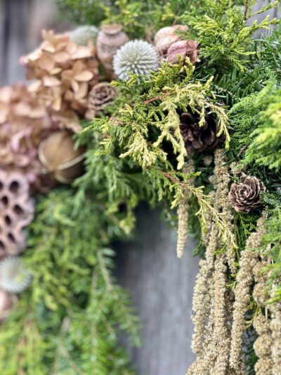 Hemlock, Hydrangea, and Cypress Grapevine Wreath - Image 4