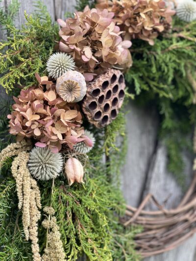 Hemlock, Hydrangea, and Cypress Grapevine Wreath - Image 2