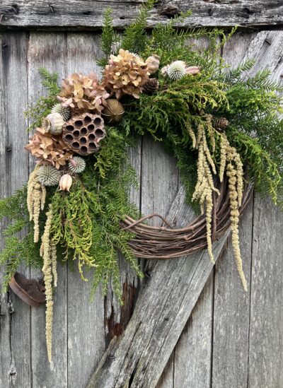 Hemlock hydrangea and cypress holiday wreath 2024