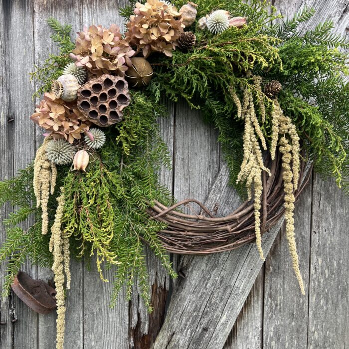 Hemlock hydrangea and cypress holiday wreath 2024