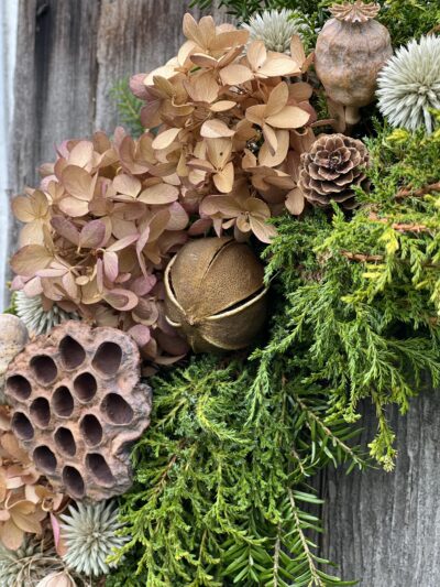 Hemlock, Hydrangea, and Cypress Grapevine Wreath - Image 3